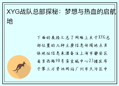 XYG战队总部探秘：梦想与热血的启航地